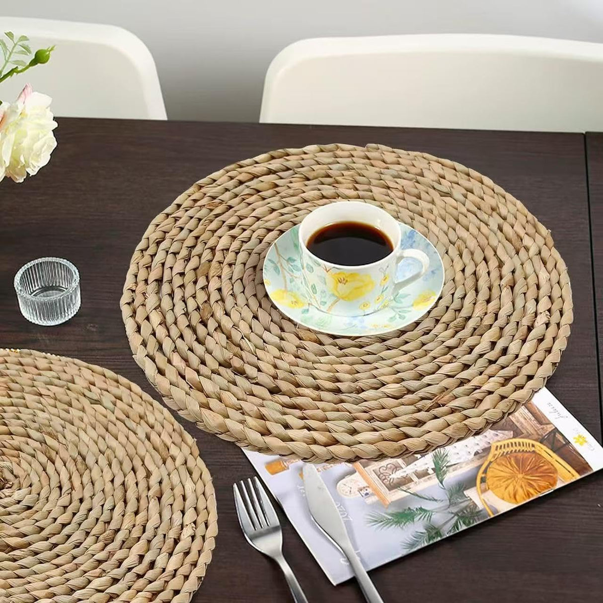 6Pcs 12" Round Woven Rattan Placemats,Natural Hand-Woven Water Hyacinth Placemats,Farmhouse Weave Place Mats,Rustic Braided Wicker Table Mats (12inch Set of 6) PPB2K