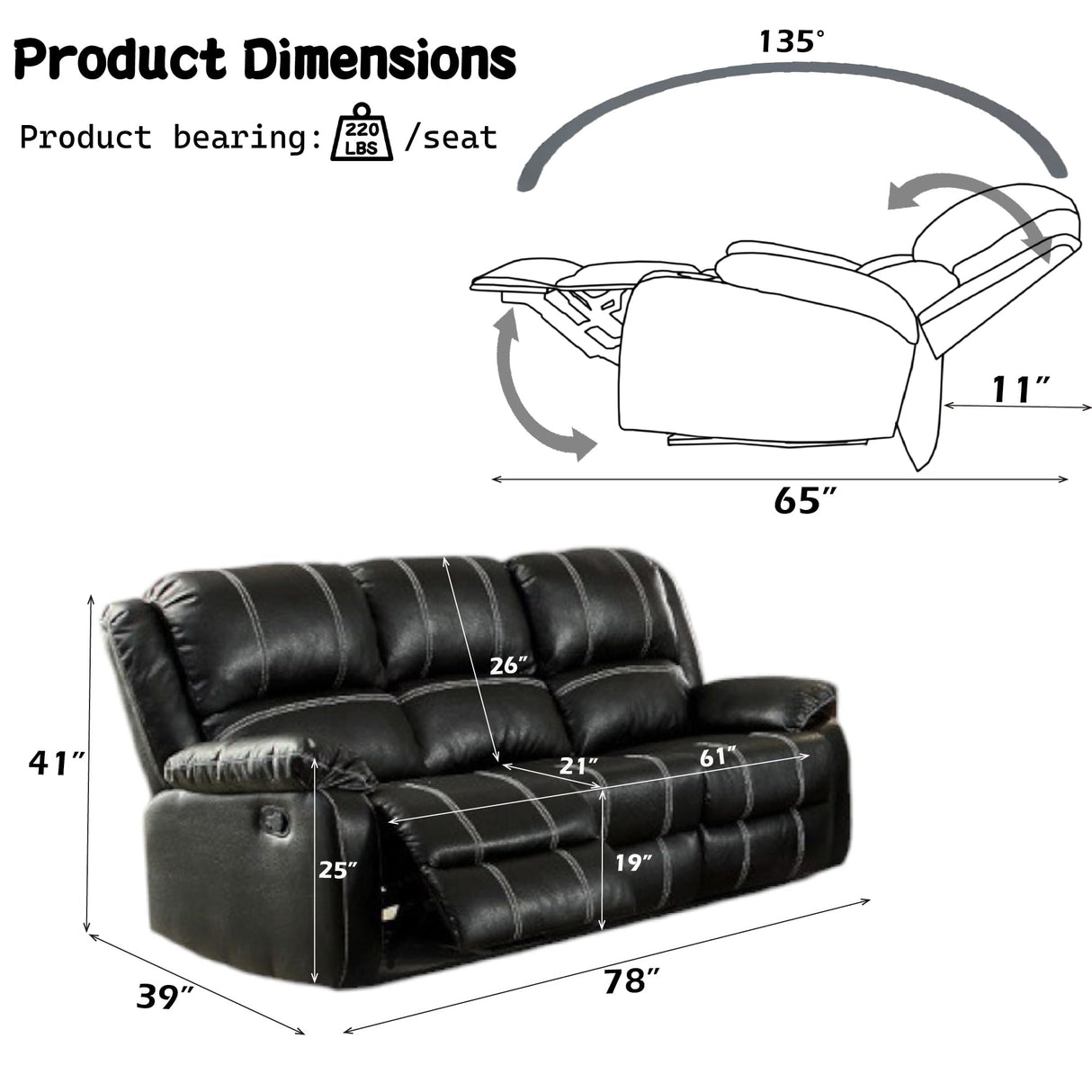 Acme Zuriel Motion Sofa in Black Synthetic Leather Acme