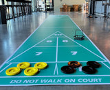 Home Shuffleboard Court Package - Roll Out Shuffleboard Court (28'L X 54" W), 4 Shuffleboard Cues, Official 6" Tournament Discs (4 Yellow, 4 Black), Disc Carrier, and Rules Allen R. Shuffleboard Co., Inc.