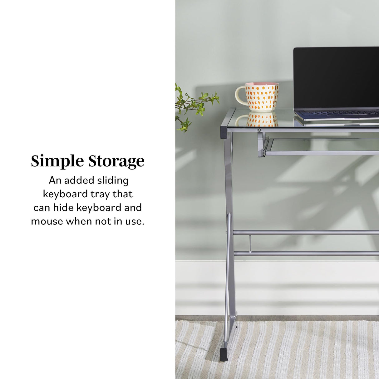 Walker Edison Metal and Glass Work From Home Laptop Computer Gaming Desk with Slide In Keyboard Tray Home Office, 31 Inch, Silver Walker Edison