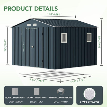 MistMo 10X10X7.5 FT Outdoor Steel Storage Shed with Lockable Doors, 2 Windows, Frame Floor (No Wood/Other Boards), Ideal for Garden, Backyard, Patio Storage - WoodArtSupply