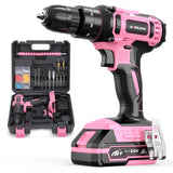 20V Cordless Drill, Electric Power Drill Set with Battery Charger, 3/8” Keyless Chuck, 2 Variable Speed, 18+3 Torque, 72pcs Driver Bits and Belt Hook, Pink JIARUISI