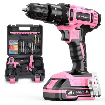 20V Cordless Drill, Electric Power Drill Set with Battery Charger, 3/8” Keyless Chuck, 2 Variable Speed, 18+3 Torque, 72pcs Driver Bits and Belt Hook, Pink