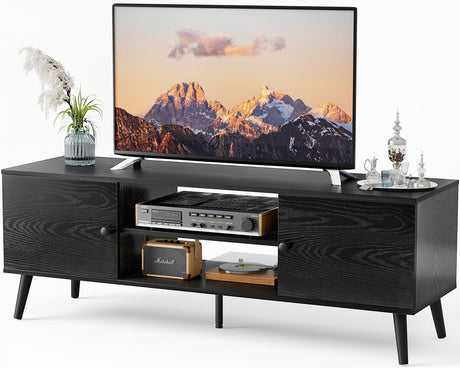 Huedimboene Farmhouse TV Stand for Living Room, Mid Century Modern TV Stand for 55/60 inch TV, Wooden Entertainment Center with Storage, TV and Media Consol for Living Room (Black) Huedimboene
