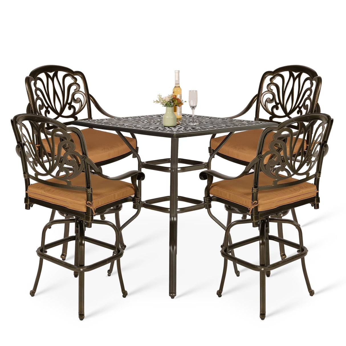 VIVIJASON 5-Piece Bar Height Patio Dining Set, All Weather Cast Aluminum Outdoor Table and Chairs Set with 4 Swivel Bar Stools, Cushions & 35.4" High Bar Table w/Umbrella Hole for Deck, Lawn, Garden VIVIJASON