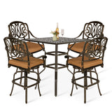 VIVIJASON 5-Piece Bar Height Patio Dining Set, All Weather Cast Aluminum Outdoor Table and Chairs Set with 4 Swivel Bar Stools, Cushions & 35.4" High Bar Table w/Umbrella Hole for Deck, Lawn, Garden VIVIJASON