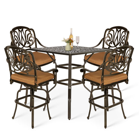 VIVIJASON 5-Piece Bar Height Patio Dining Set, All Weather Cast Aluminum Outdoor Table and Chairs Set with 4 Swivel Bar Stools, Cushions & 35.4" High Bar Table w/Umbrella Hole for Deck, Lawn, Garden VIVIJASON