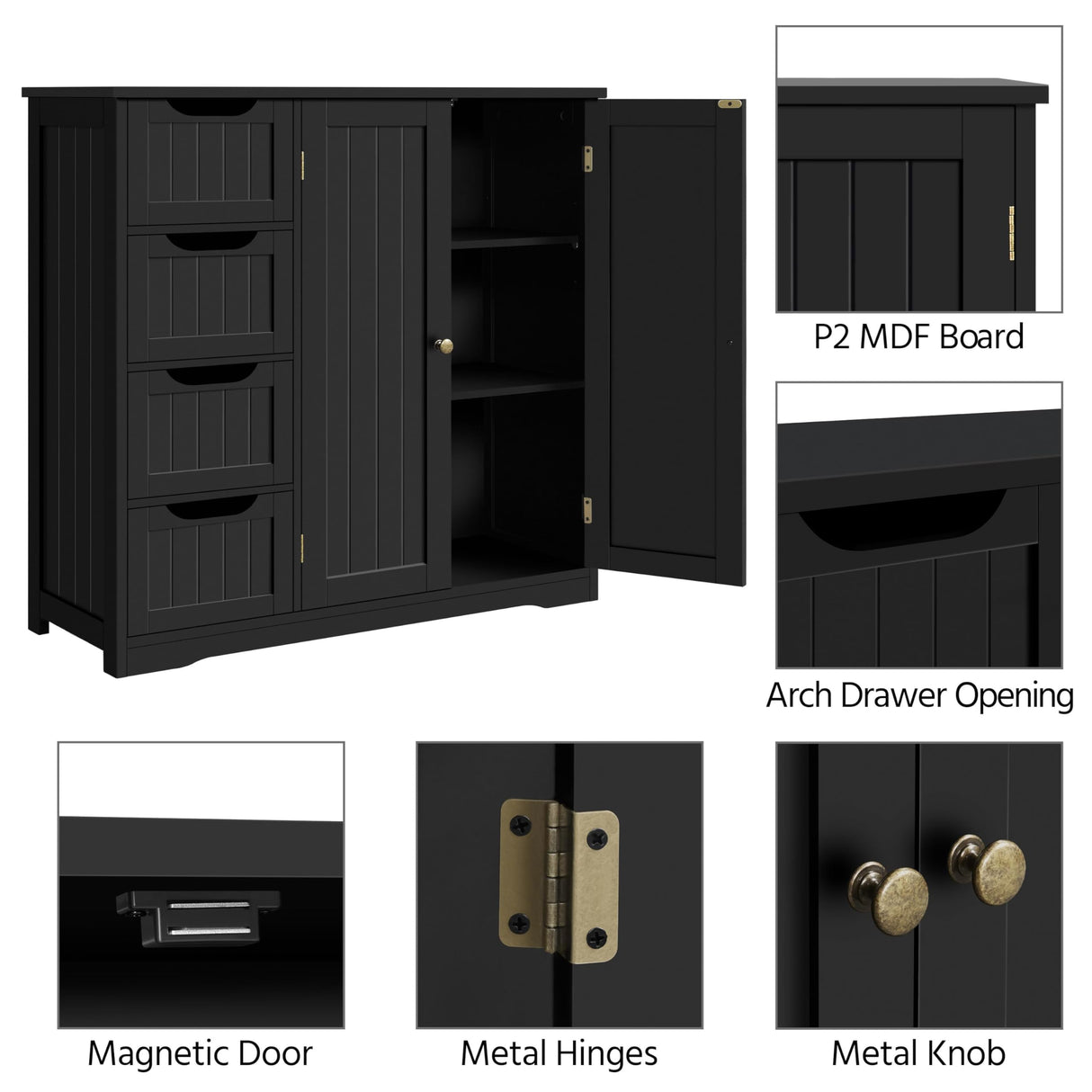 Yaheetech Black Wooden Bathroom Storage Cabinet with 4 Drawers and Double Doors Yaheetech