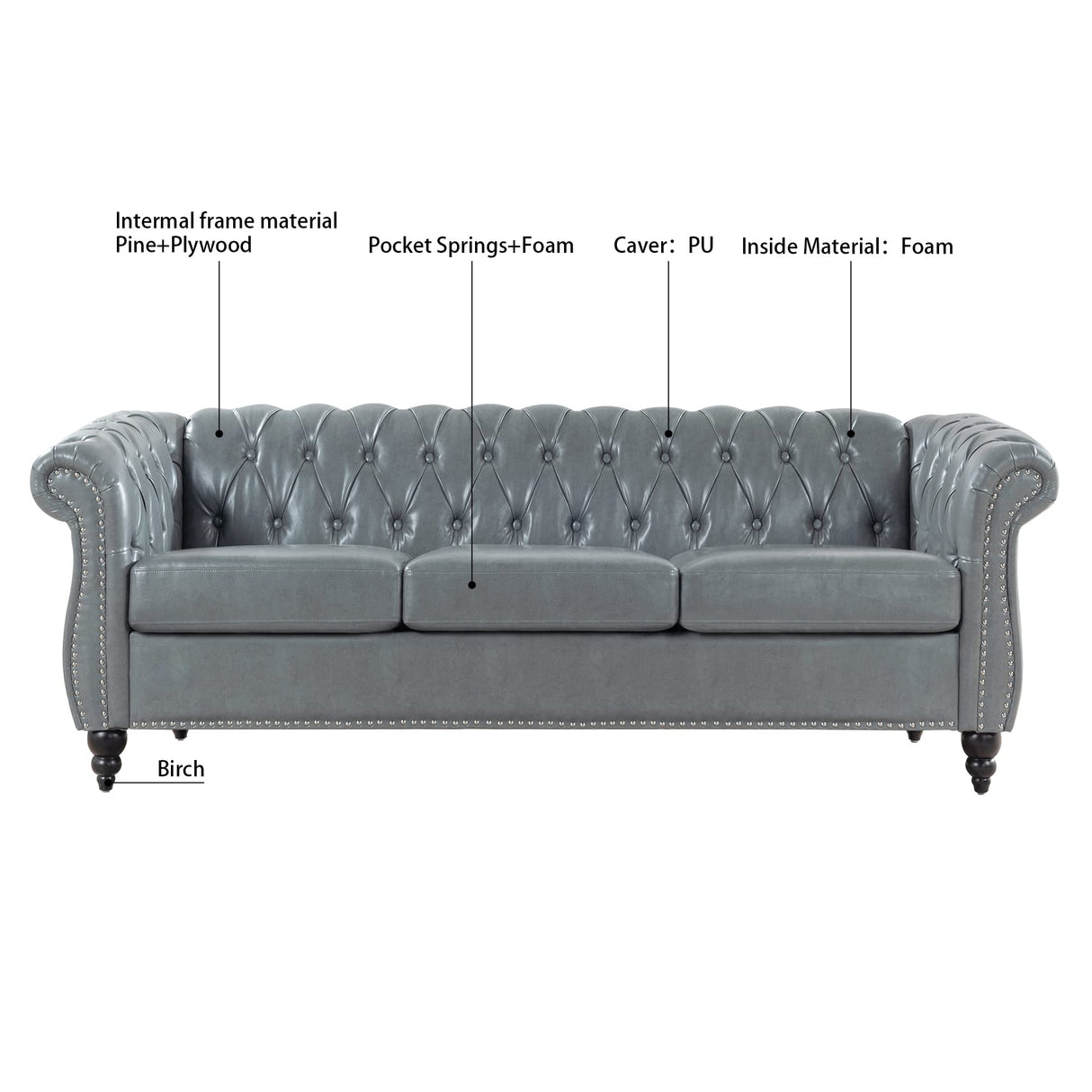 Ball & Cast 84" Chesterfield Leather Sofa with Channel Tufted Seat Back,Classic 3 Seater Couch w/Roll Arm Nailhead Trim and Upholstered,Mid Century Furniture for Living Room,Bedroom,Office,Grey PU Ball & Cast
