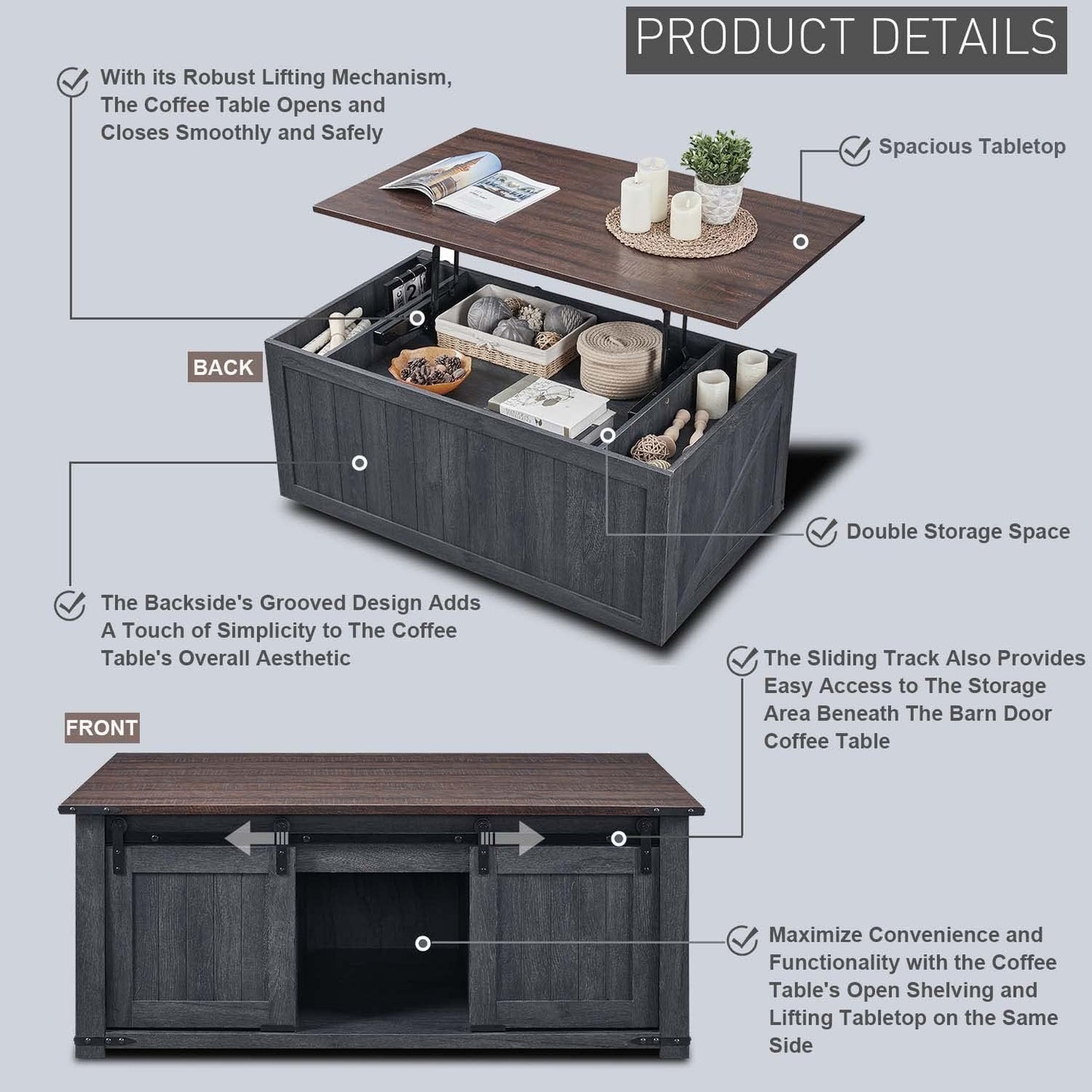 IFGET Lift Top Coffee Table with Double Storage Spaces, Farmhouse Rustic Wood Center Table with Sliding Groove Barn Door, Coffee Table Converts to Dining Table for Living Room Office (Dark Gr - WoodArtSupply