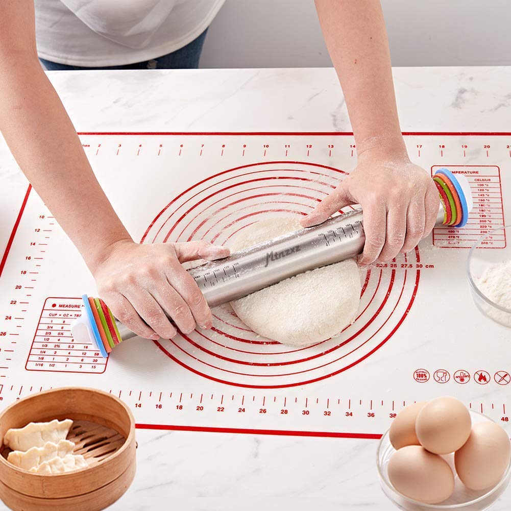 Rolling Pin and Silicone Baking Pastry Mat Set, Stainless Steel Dough Roller with Adjustable Thickness Rings, for Pizza, Pie, Pastries, Pasta, Cookies