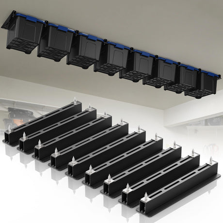 WooFog Overhead Garage Storage Rack, Garage Ceiling Storage Racks, Heavy Duty Storage Bin Ceiling Rails for 27 Gallon Totes，Tote Storage Rack System -Black (9 Sets for 8 Bins) WooFog