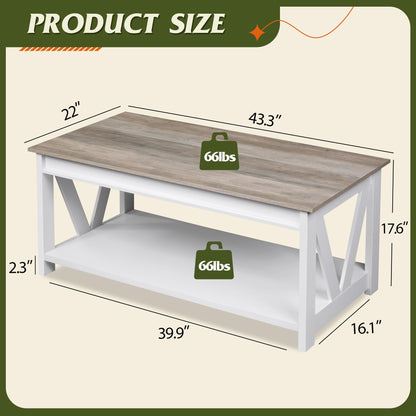 WLIVE Coffee Table, 43" Living Room Coffee Table with Storage Shelf, Center Table for Living Room, Bedroom, Office and Balcony, White