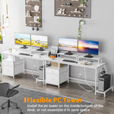 Furologee White Computer Desk with Drawer and Power Outlets, 55" Large Gaming Desk with Fabric File Cabinet and 2 Movable Monitor Shelves, Writing Table with CPU Stand and 2 Hooks for Home Office Furologee