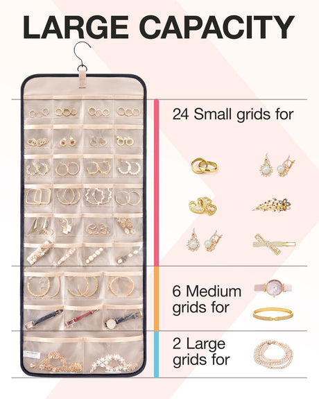 BAGSMART Hanging Jewelry Organizer Storage Roll with Hanger Metal Hooks Double-Sided Jewelry Holder for Earrings, Necklaces, Rings on Closet, Wall, Door, 1 piece, Large, Black BAGSMART