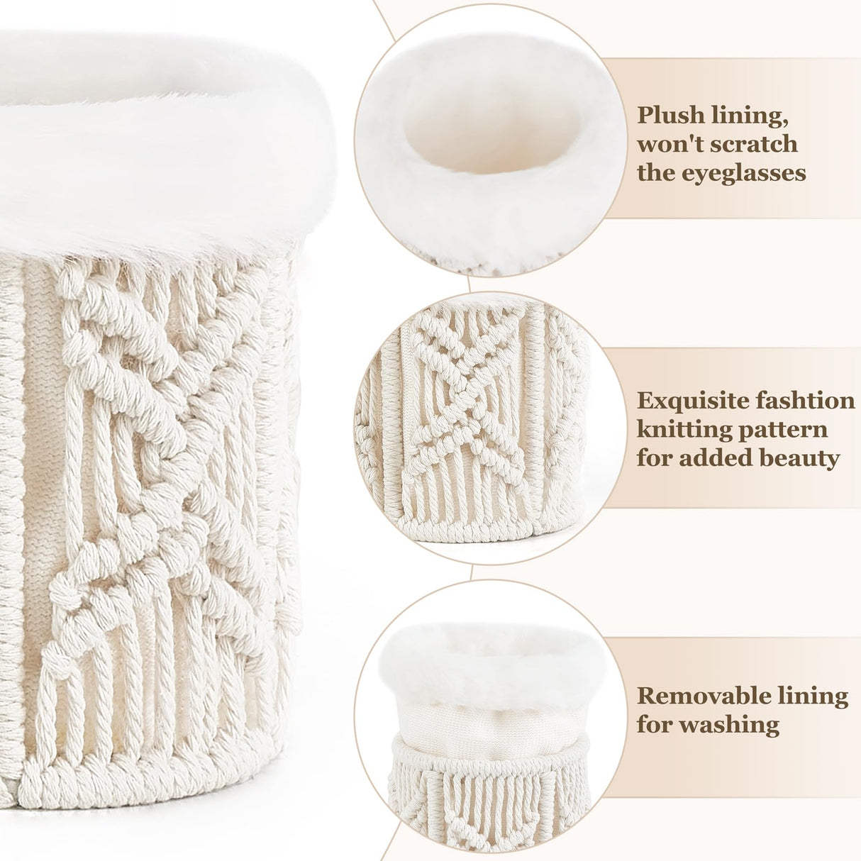 Mkono Glasses Holder for Nightstand Macrame Plush Lined Glasses Stand for Multiple Glasses Boho Decor Eyeglass Case Holder for Office Desk Organizer Mkono