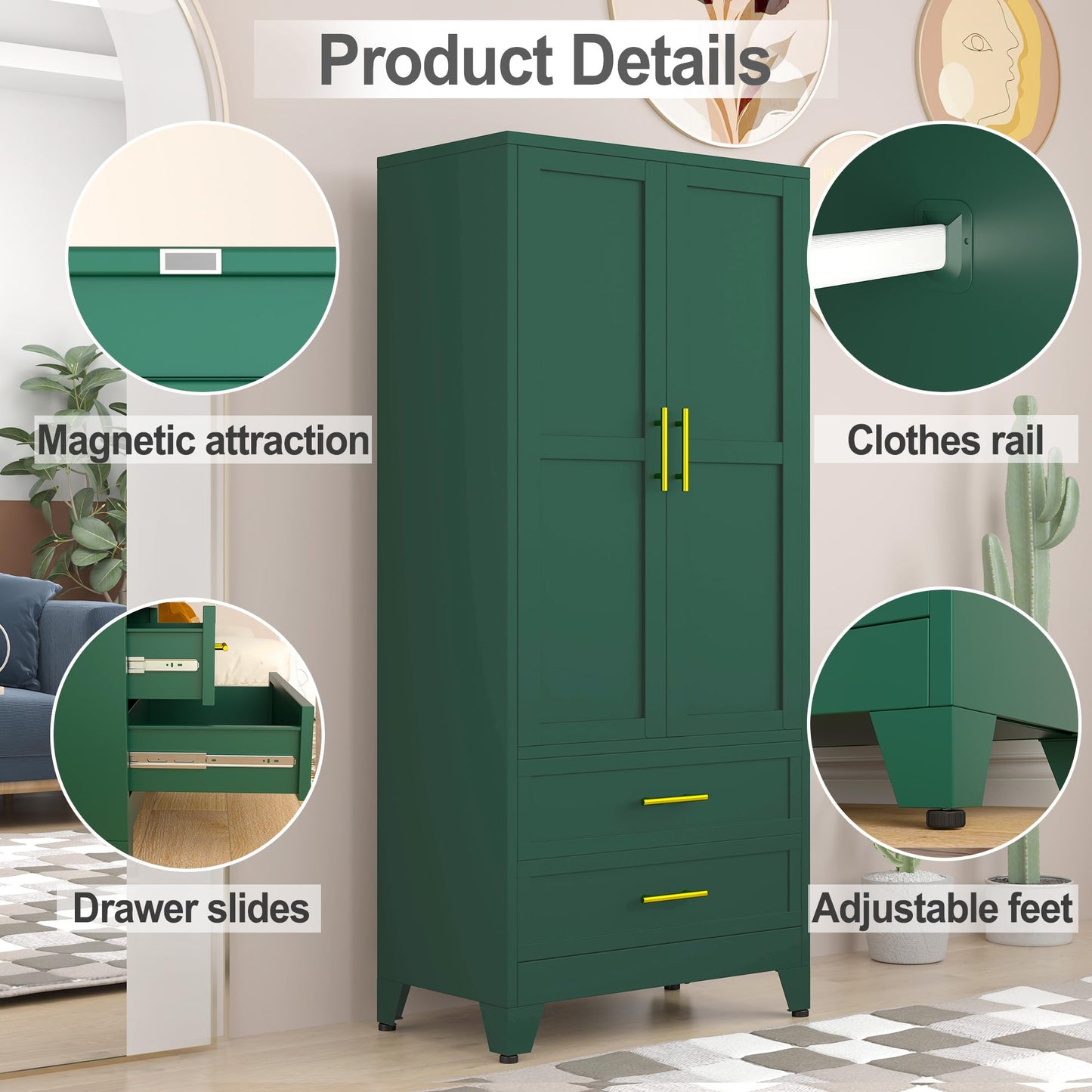 RISTERN 71” Metal Storage Cabinet with 2 Doors, 1 Adjustable Shelf and 2 Draws, Armoire Wardrobe Closet with Hanging Rods for Home Office, Bedroom, Living Room (Green) - WoodArtSupply