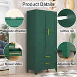 RISTERN 71” Metal Storage Cabinet with 2 Doors, 1 Adjustable Shelf and 2 Draws, Armoire Wardrobe Closet with Hanging Rods for Home Office, Bedroom, Living Room (Green) RISTERN
