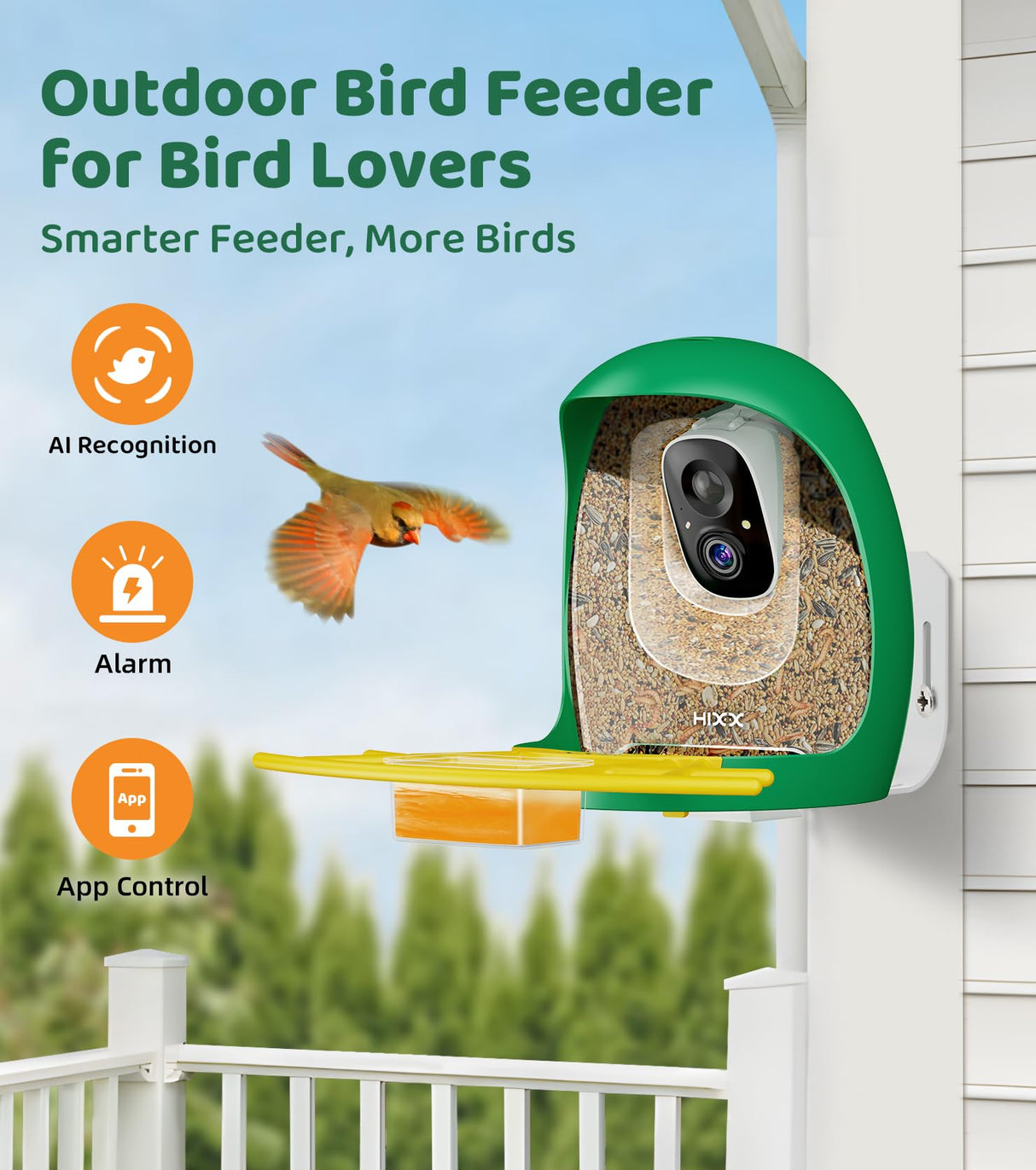 HIXX® Smart Bird Feeder with Camera, Birdwatching Camera with AI Identify Bird Species & Solar Panel, Auto Bird Video Capture & Instant Notifications, Bird Camera Feeder for Bird Lovers, Green HIXX