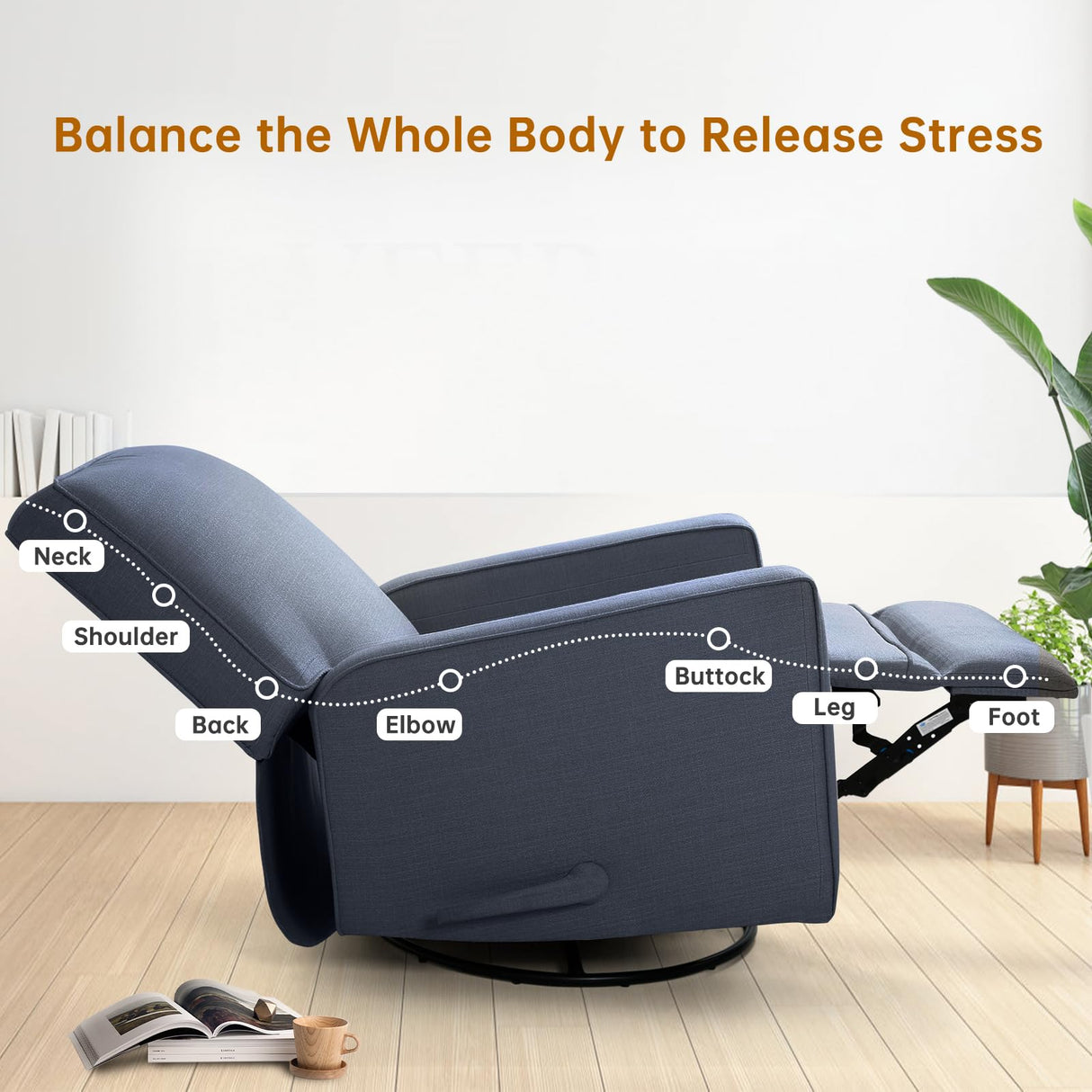 KeyEnergy Swivel Rocker Recliner Chair for Adults, High Back Fabric Recliner with Deep Seat, Manual Glider for Living Room & Nursery, Blue KeyEnergy