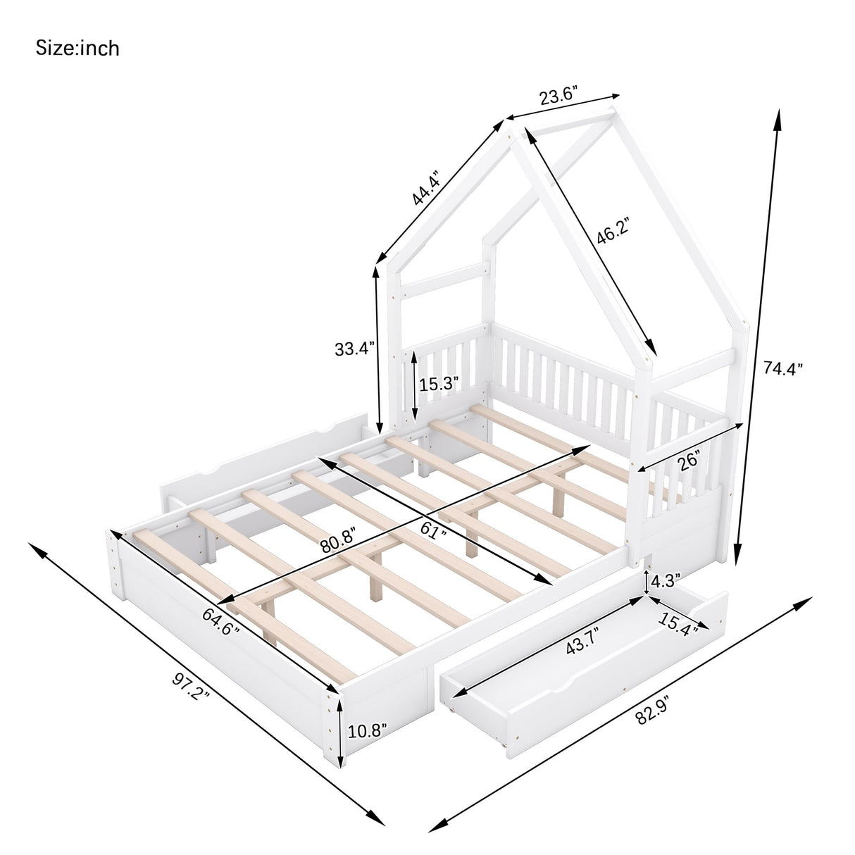 Merax Wood Queen Size House Platform Bed with Guardrail and 2 Drawers, Wooden Bedframe for Boys Girls Adult, No Spring Box Needed, White Merax