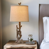 OYEARS 23" Rustic Farmhouse Table Lamp Country Cottage Lamps for Nightstand Tree Trunk Wood Grain Lamp for Bedroom Living Room with Oatmeal Fabric Round Shade Resin Bedside Lamp OYEARS
