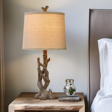 OYEARS 23" Rustic Farmhouse Table Lamp Country Cottage Lamps for Nightstand Tree Trunk Wood Grain Lamp for Bedroom Living Room with Oatmeal Fabric Round Shade Resin Bedside Lamp OYEARS
