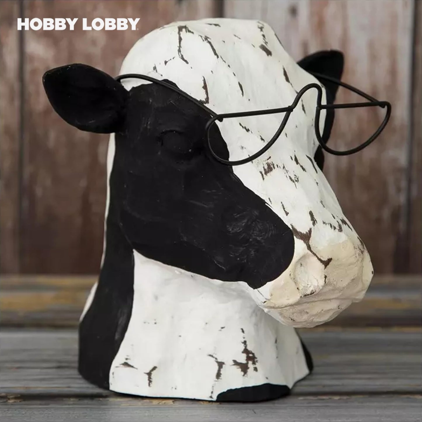 Black & White Sculptureative Cow Head Wearing Glasses – Distressed Faux Taxidermy – Wood & Metal Animal Sculpture – Country Western Themed Party Decorations – Farmhouse Style Decor for Home & Office