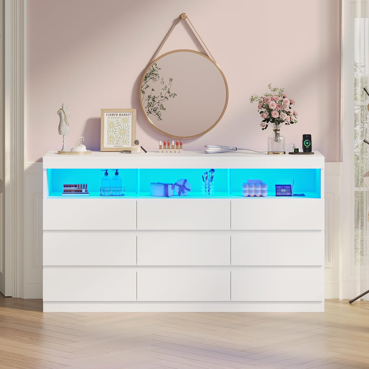 BTHFST 9 Drawer Dresser for Bedroom with Power Outlet & LED Lights, 56.7" W Chest of Drawers with Open Shelves, No-Handle Modern Dresser for Living Room, Entryway, White BTHFST