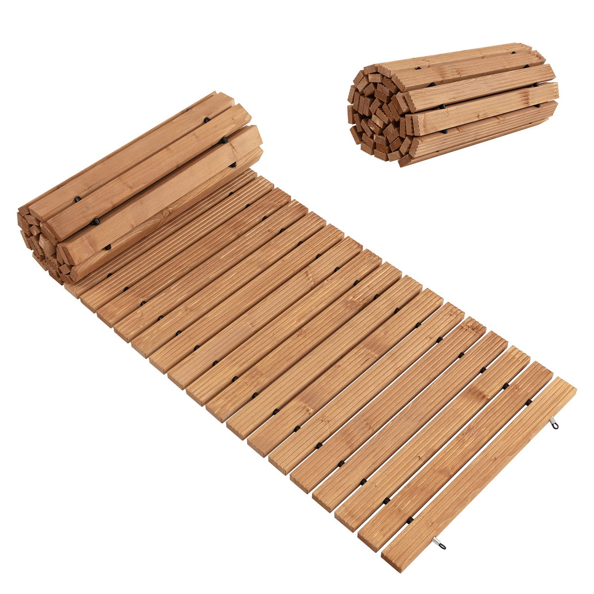 HAPPYGRILL 8 FT Wooden Garden Pathway Weather-Resistant Straight Walkway with Sturdy Steel Wire & Anti-Slip Patterns, Outdoor Roll-up Fir Wood Boardwalk for Patio Beach Garden Backyard HAPPYGRILL