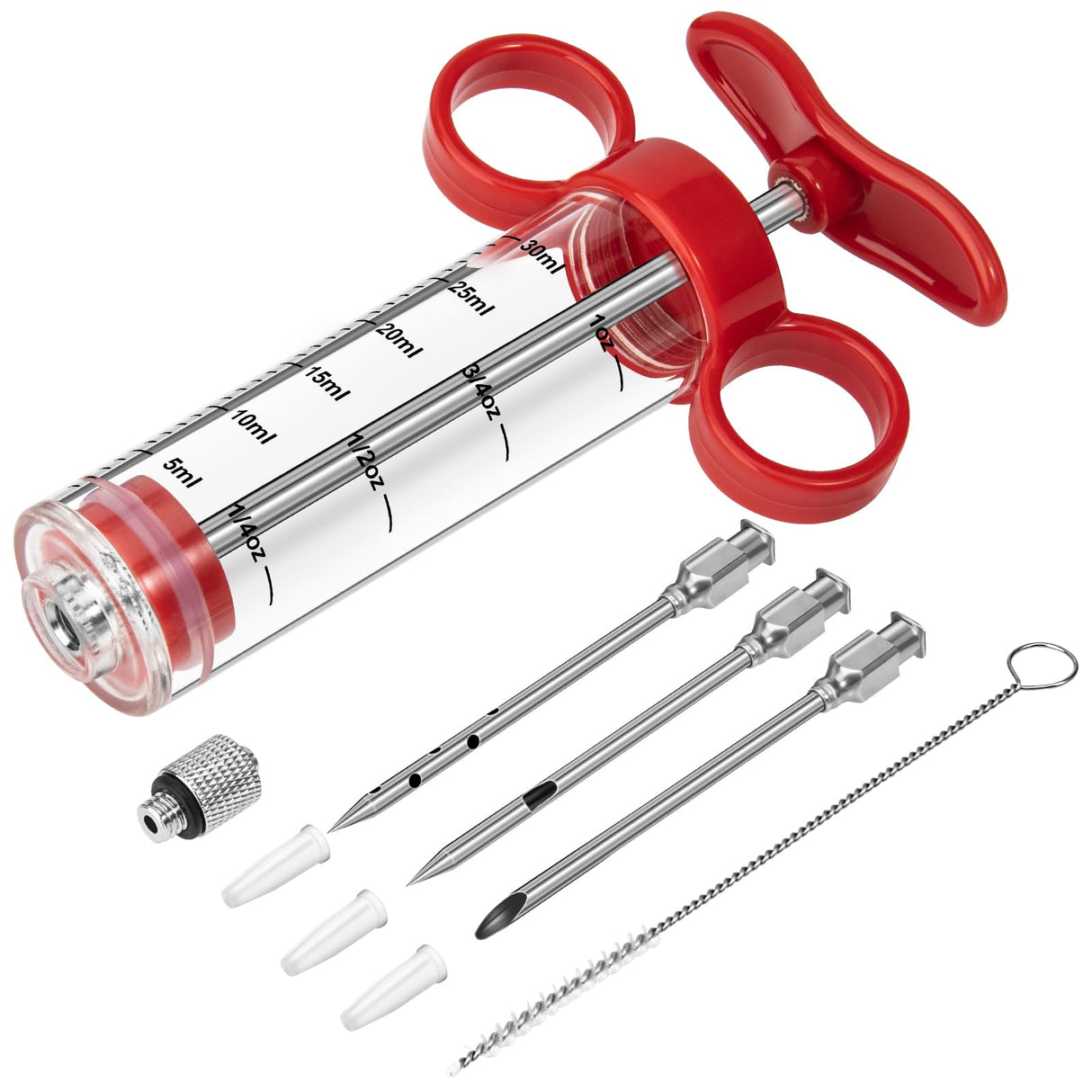 Kingsmile Meat Injector, Turkey Injector Syringe - 3 Needles for BBQ Grill, 1oz Meat Injector Syringe, Injector Marinades for Meats, Meat Injectors for Smoking 1 Cleaning Brush Easy to Use & Clean Red Kingsmile