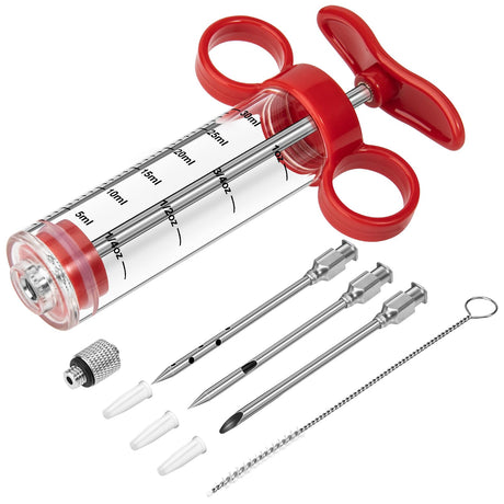 Kingsmile Meat Injector, Turkey Injector Syringe - 3 Needles for BBQ Grill, 1oz Meat Injector Syringe, Injector Marinades for Meats, Meat Injectors for Smoking 1 Cleaning Brush Easy to Use & Clean Red Kingsmile