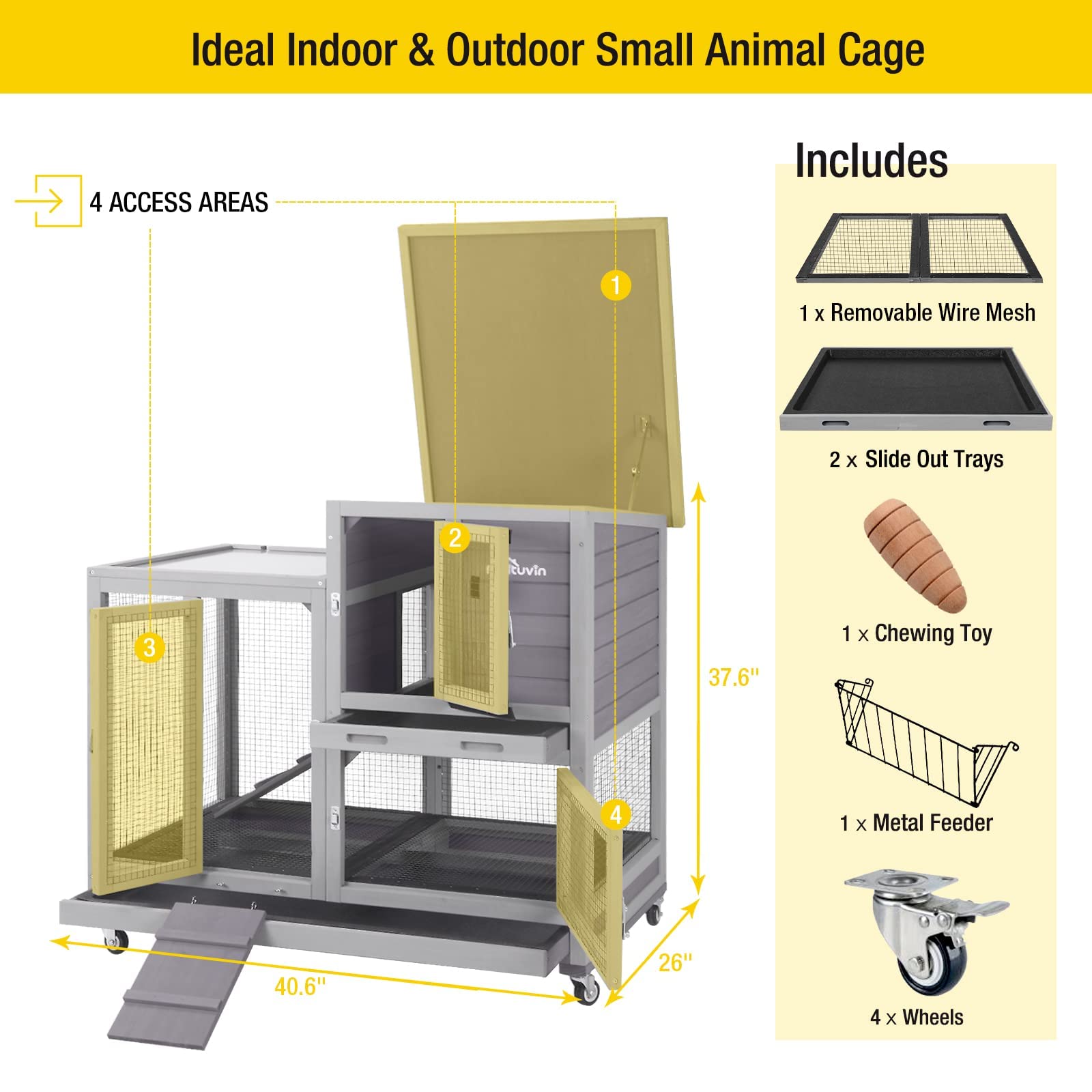 Aivituvin Rabbit Hutch, Indoor Bunny Cage with Run Outdoor Rabbit House with Two Deeper No Leak Trays - 4 Casters Include (Grey) - WoodArtSupply