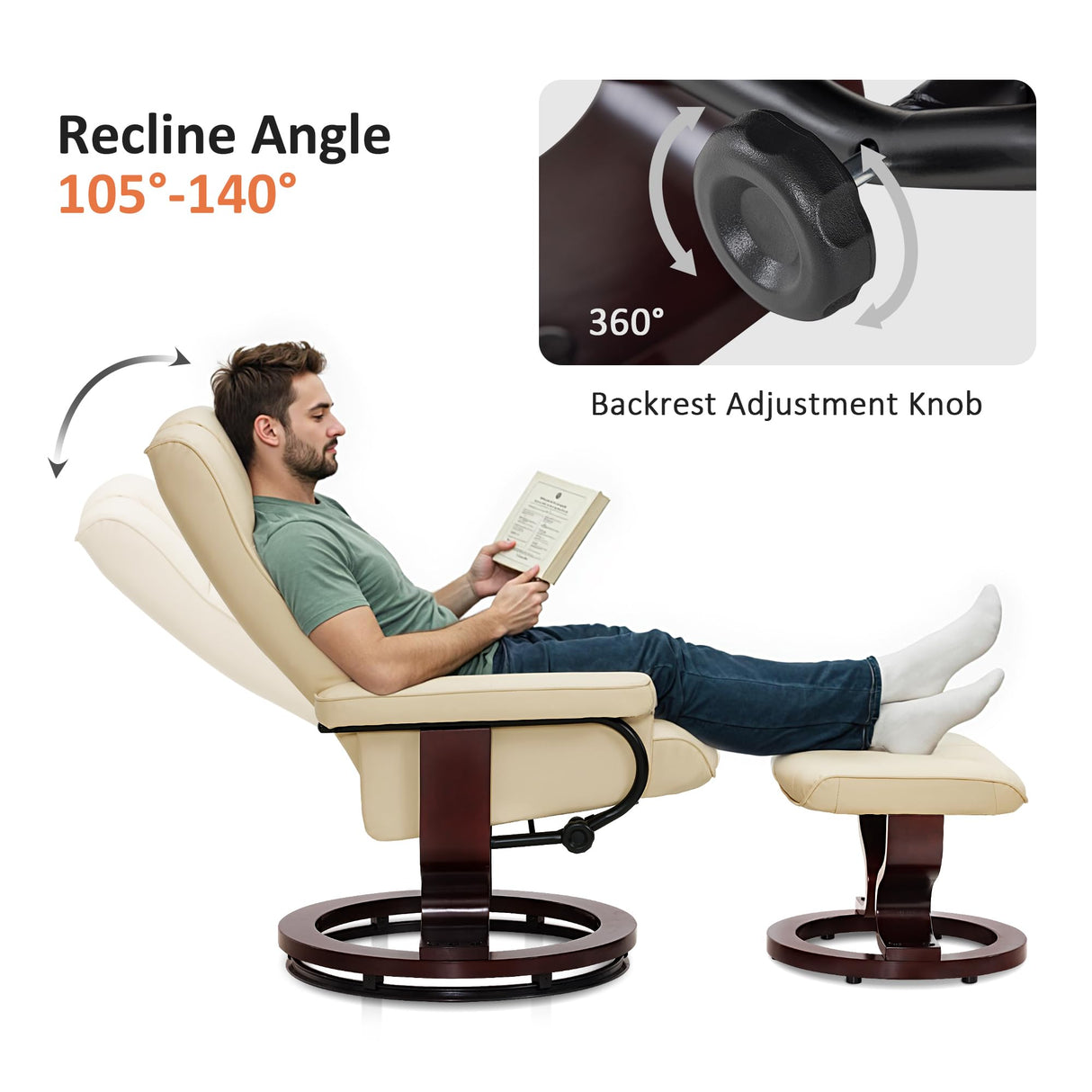 MCombo Manual Swivel Recliner with Ottoman, Chair Ottoman Set for RV Small Spaces, Living Room, Bedroom, Office 9019 4919 (Faux Leather, Cream White) MCombo