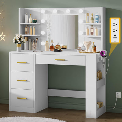 YITAHOME Vanity Desk with 22" Mirror, LED Lights and Power Outlet, Makeup Table with 4 Drawers, Adjustable 3 Lighting Colors, Vanity Table with Open Storage Shelves for Bedroom Dressing Room, White