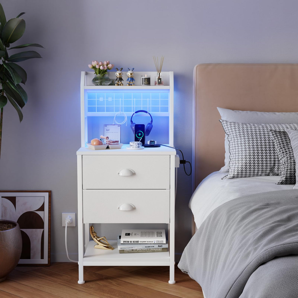 Furologee Tall Nightstand with Charging Station & LED Lights, 41'' Bedside Table with 2 Drawers & Pegboard, White Night Stand with Hooks & Folders, End Table with Shelves for Bedroom/Living Room Furologee