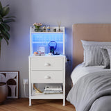 Furologee Tall Nightstand with Charging Station & LED Lights, 41'' Bedside Table with 2 Drawers & Pegboard, White Night Stand with Hooks & Folders, End Table with Shelves for Bedroom/Living Room Furologee