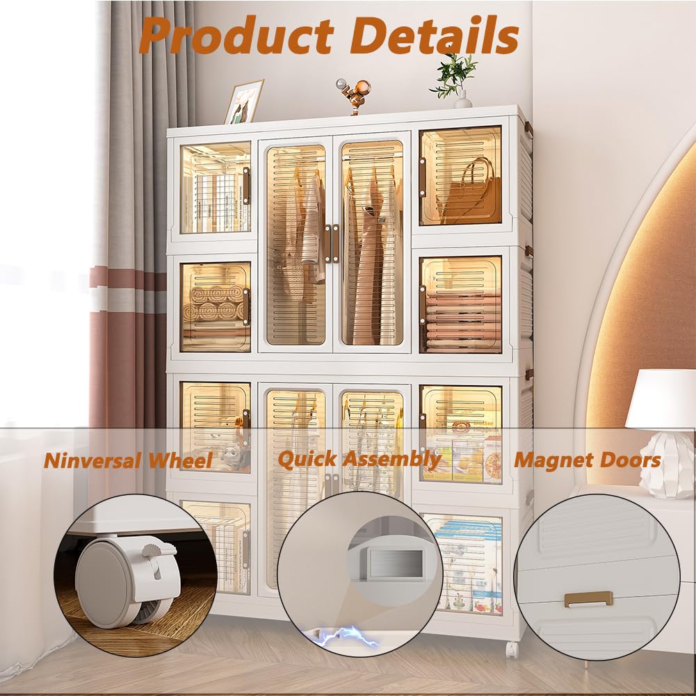 Portable Wardrobe Closet, Plastic Wardrobe with Magnetic Transparent Door, 8 Cubes & 2 Hanging Rod, Easy Assemble Clothing Storage, Collapsible Closet Organizer for Living Room Bedroom CuisinSmart