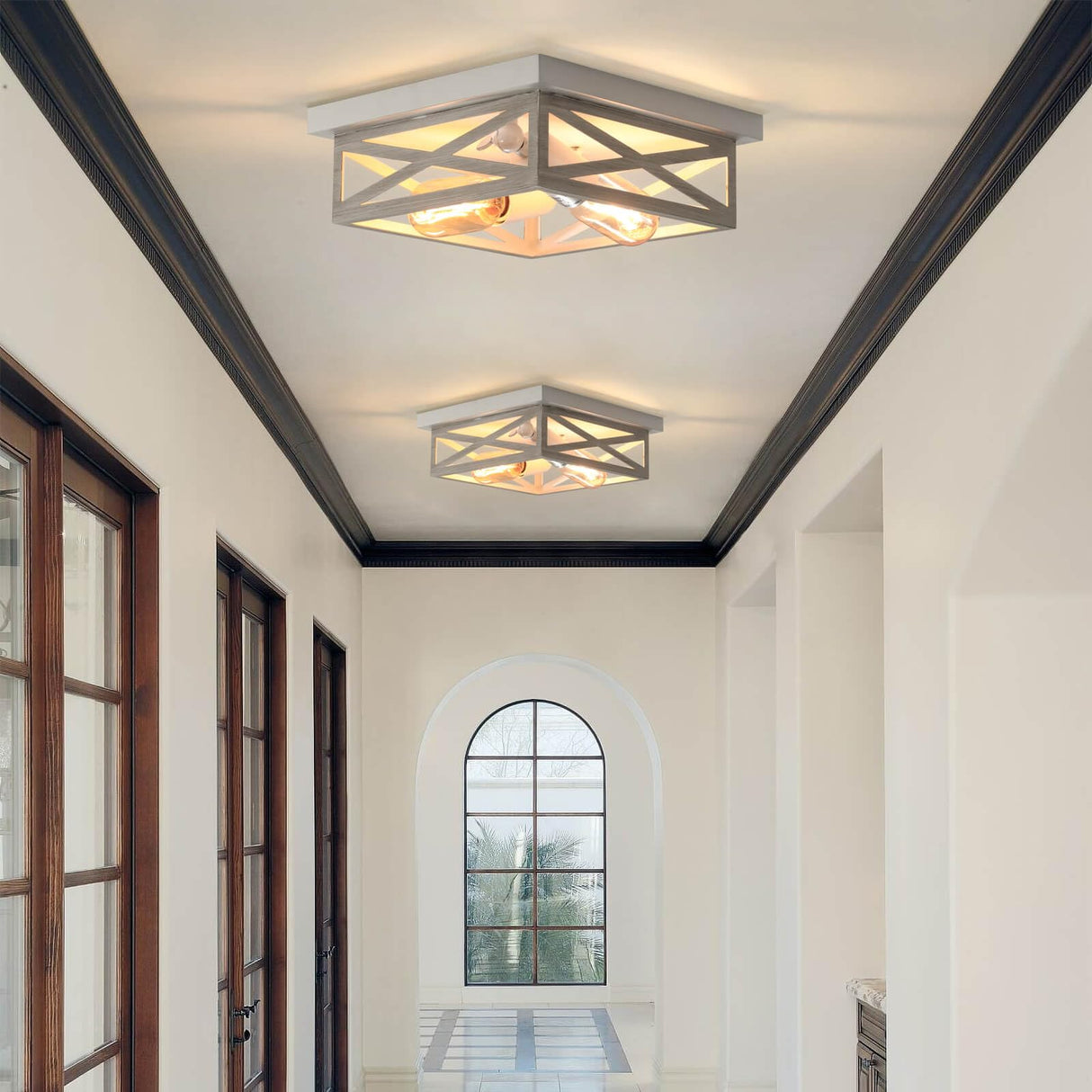 DIKAIDA 2 Pack White Flush Mount Ceiling Light, Farmhouse Ceiling Light Fixtures, 2-Light Rustic Metal Finish Industrial Kitchen Light Fixture for Bedroom, Hallway Light DIKAIDA