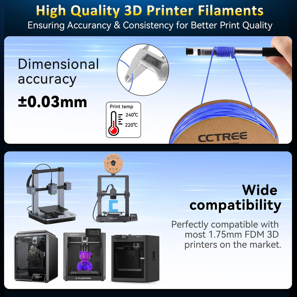 CCTREE TPU Filament 1.75mm, 1kg Spool (2.2 lbs), Flexible 3D Printer Filament, Shore Hardness 95A, High Elasticity & Impact Resistance, Dimensional Accuracy ±0.03mm, Blue CCTREE