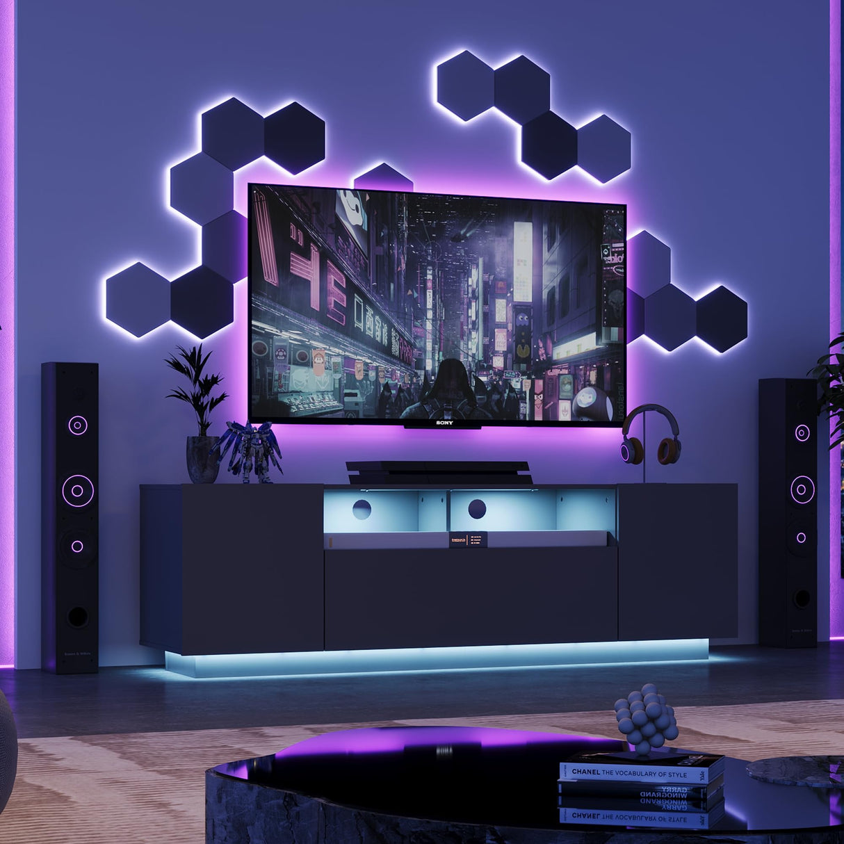 WLIVE TV Stand for 65 Inch TV, Modern Entertainment Center with LED, 58" TV Console with Storage Cabinet, TV Stands for Living Room, Black WLIVE