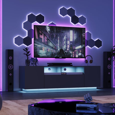 WLIVE TV Stand for 65 Inch TV, Modern Entertainment Center with LED, 58" TV Console with Storage Cabinet, TV Stands for Living Room, Black WLIVE