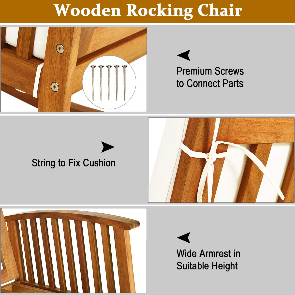 Tangkula Outdoor Acacia Wood Rocking Chair, Wooden Rocker w/Detachable Washable Cushions, Rocker for Porch Garden Patio Balcony Pool Indoor (1, Teak) - WoodArtSupply