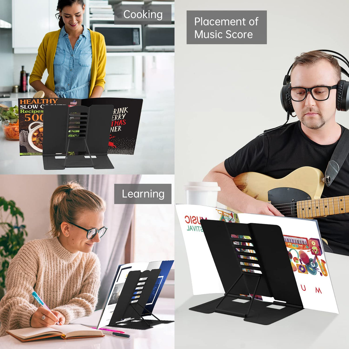 Honagu Book Stand Metal Desk Book Holder, Book Holders for Reading Hands Free, Adjustable Cookbook Documents Holder, Portable Bookstand for Music Books, Textbook, Recipe, Tablet, Ipad (Black) Honagu