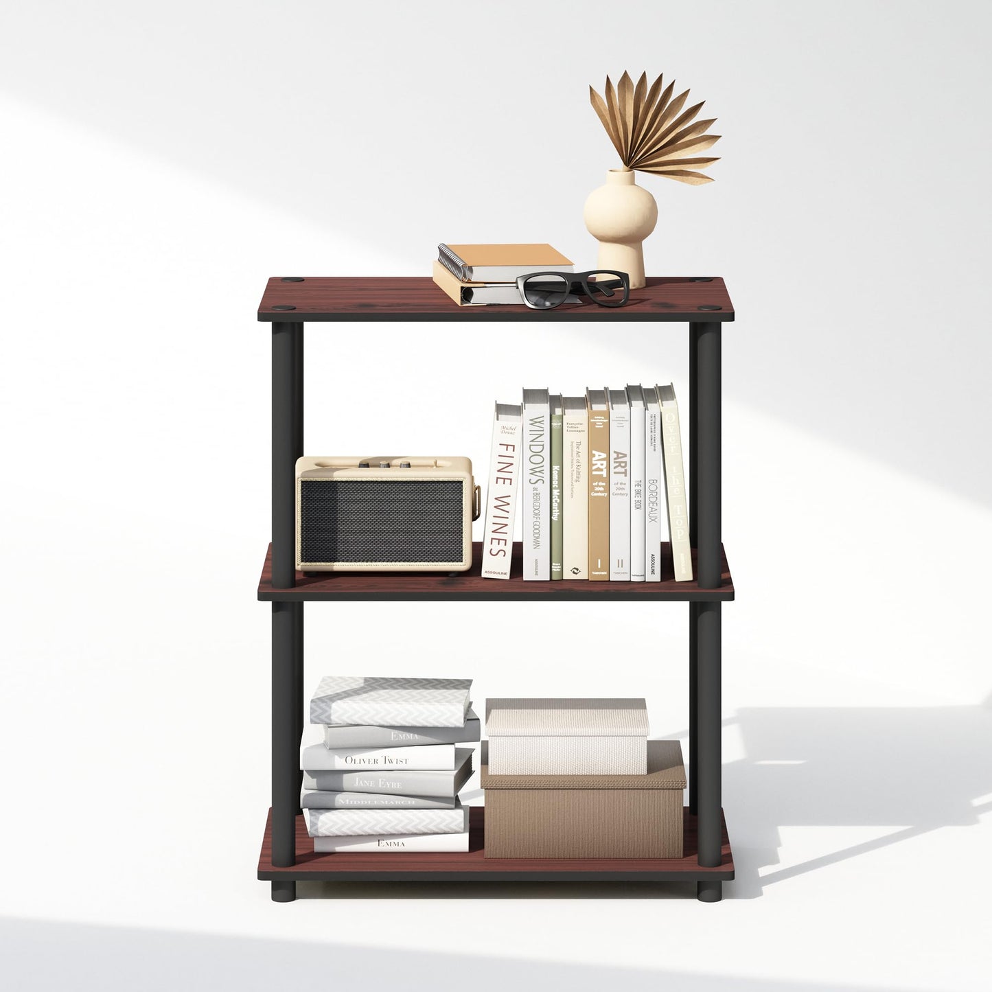 Furinno Turn-N-Tube 3-Tier Multipurpose Compact Bookcase, Dark Cherry - WoodArtSupply