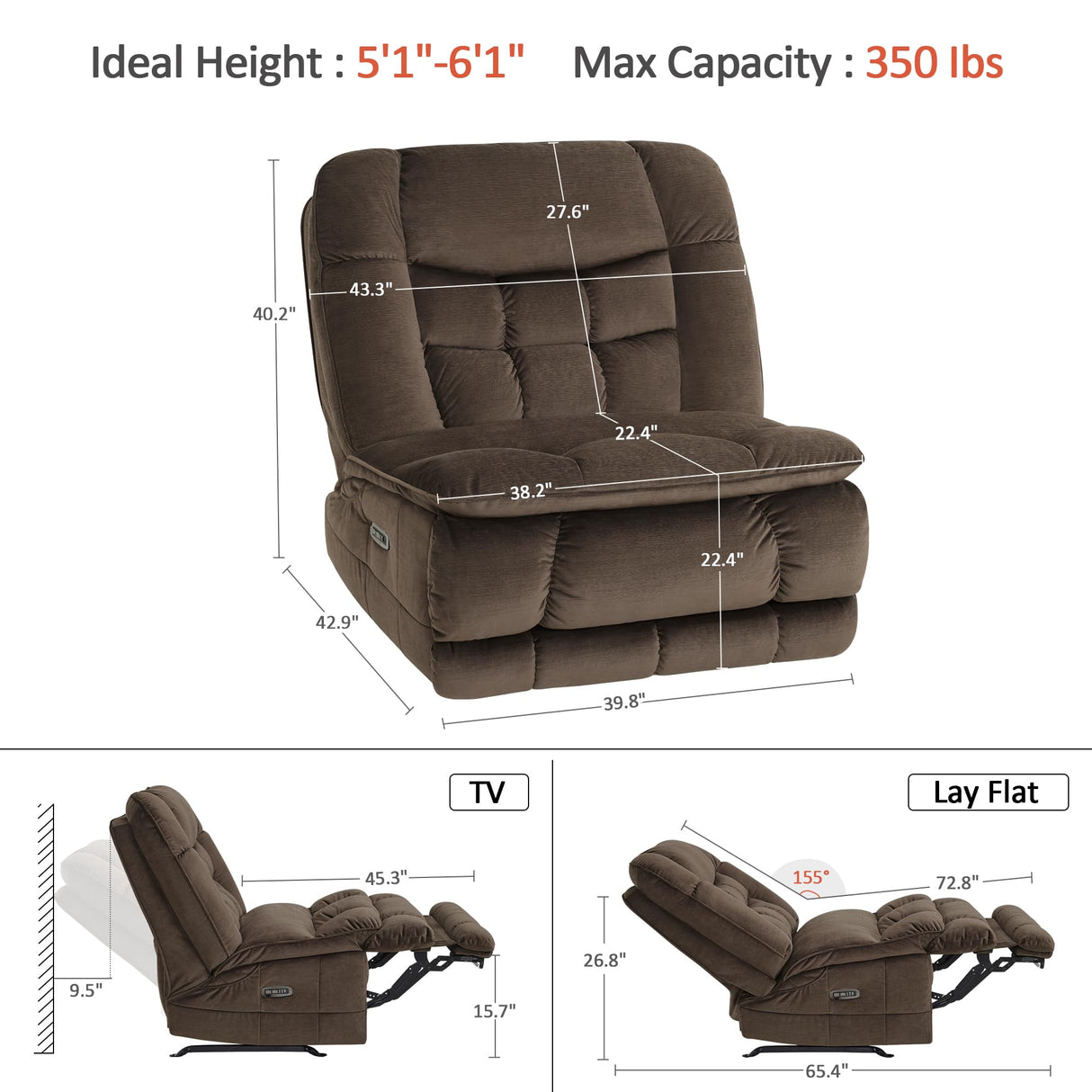 MCombo Dual Motor Oversized Power Recliner Chair, 38.2'' Large Wide Seat, Rocker Recliner with LED Lighting, USB Ports, Perfect for Living Room, Office and Home Theater, Fabric PR607 (Coffee) MCombo