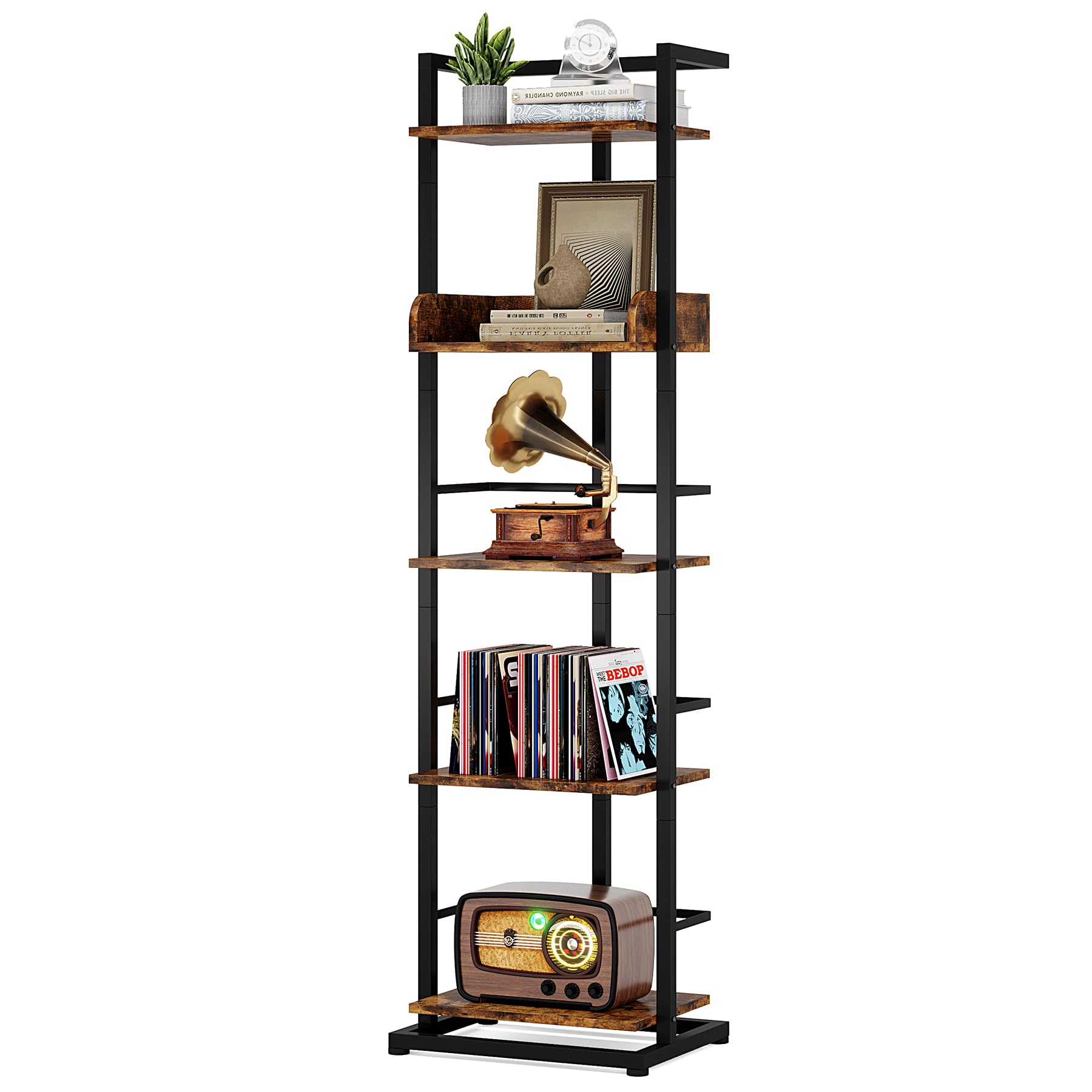 Narrow 5-Tier Industrial Rustic Brown Bookshelf with Metal Edge Protection - WoodArtSupply