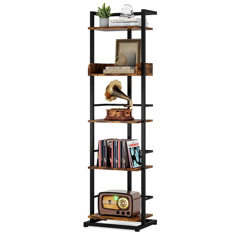 Narrow 5-Tier Industrial Rustic Brown Bookshelf with Metal Edge Protection Hosfais