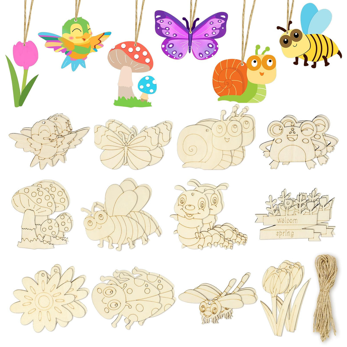 Catephe Unfinished Wood Crafts, 36 Pcs Wooden Crafts to Paint, 12 Styles Blank Wooden Spring Ornaments to Paint, Butterfly Dragonfly Snail Flower Shape for DIY Crafts Home Decoration Craft Project Catephe