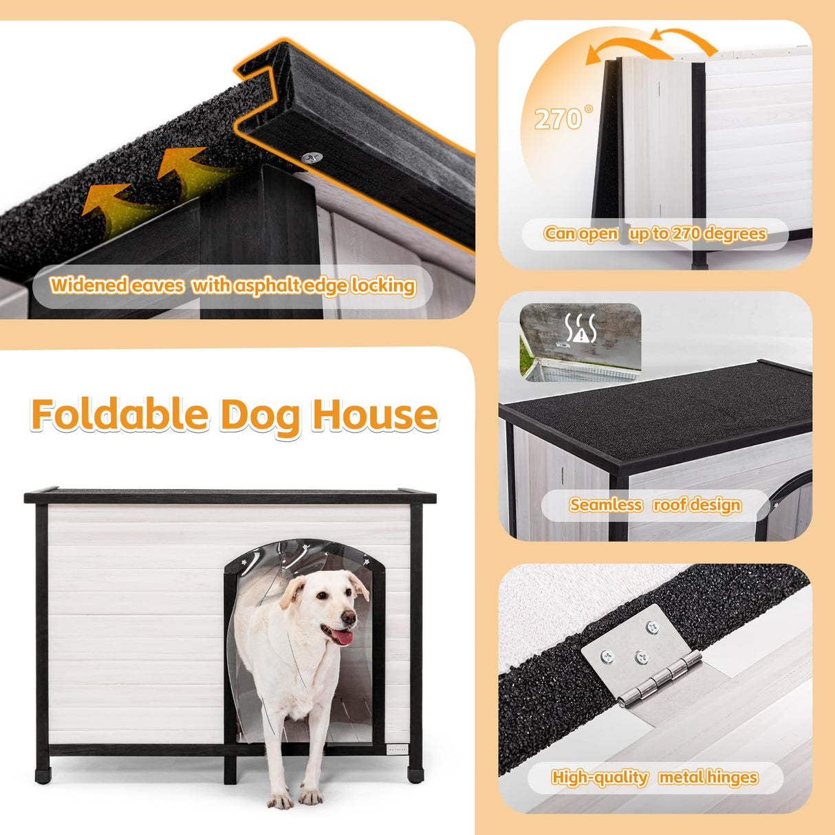 Petsfit 45.3" Large Dog House, Folding Dog House Outdoor, Unfold to Use, No Tools Required Assembly, Weatherproof Outside Dog House with Door Flap (Large, White) Petsfit